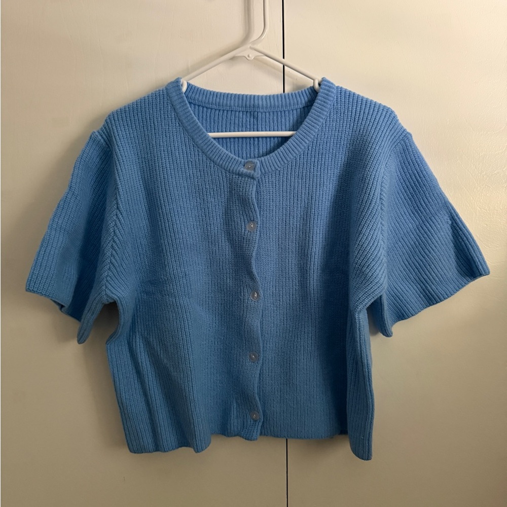 Blue Women's Short Sleeved Cardigan Sweater